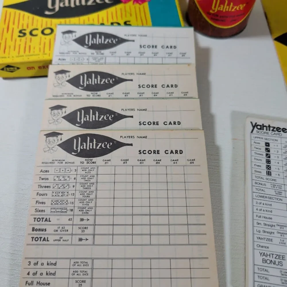 Vintage 1967 Lowe Yahtzee Dice Game Complete Dice Cup Score Pads Chips Pencils